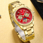 MEGIR 1102 men's multifunction watch, gold case with red moon-phase dial and gold steel bracelet, angled view