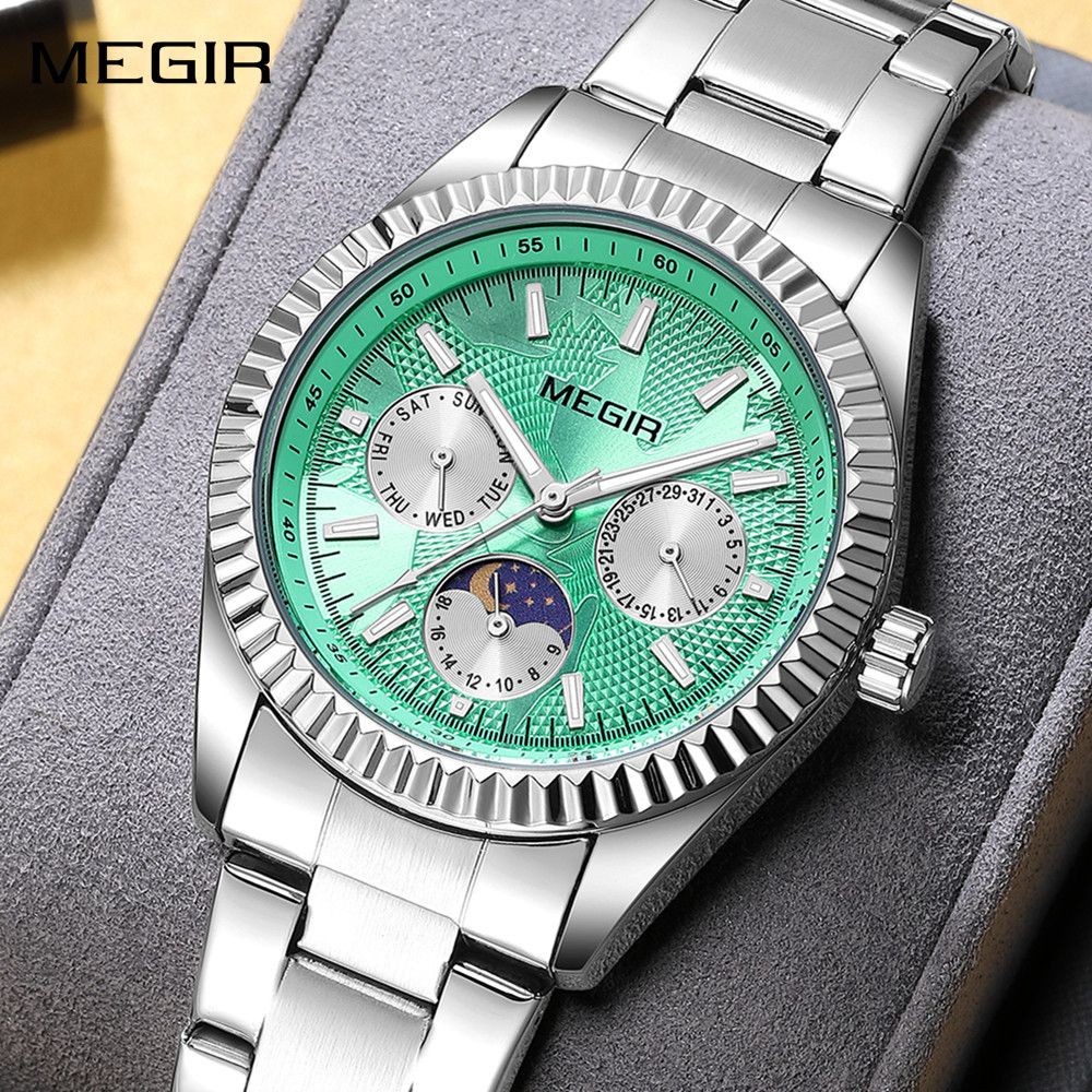 MEGIR 1102 men's multifunction watch, silver case with turquoise moon-phase dial and steel bracelet, front view