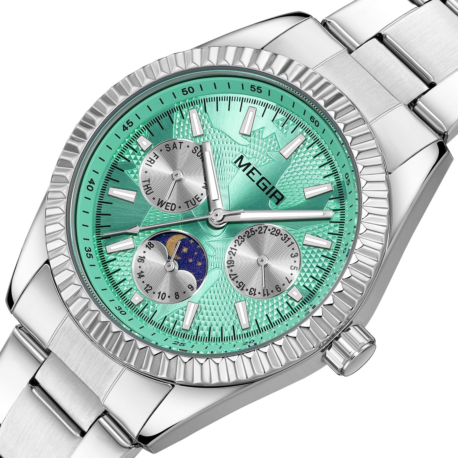 MEGIR 1102 men's multifunction watch, silver case with turquoise moon-phase dial and steel bracelet, angled view
