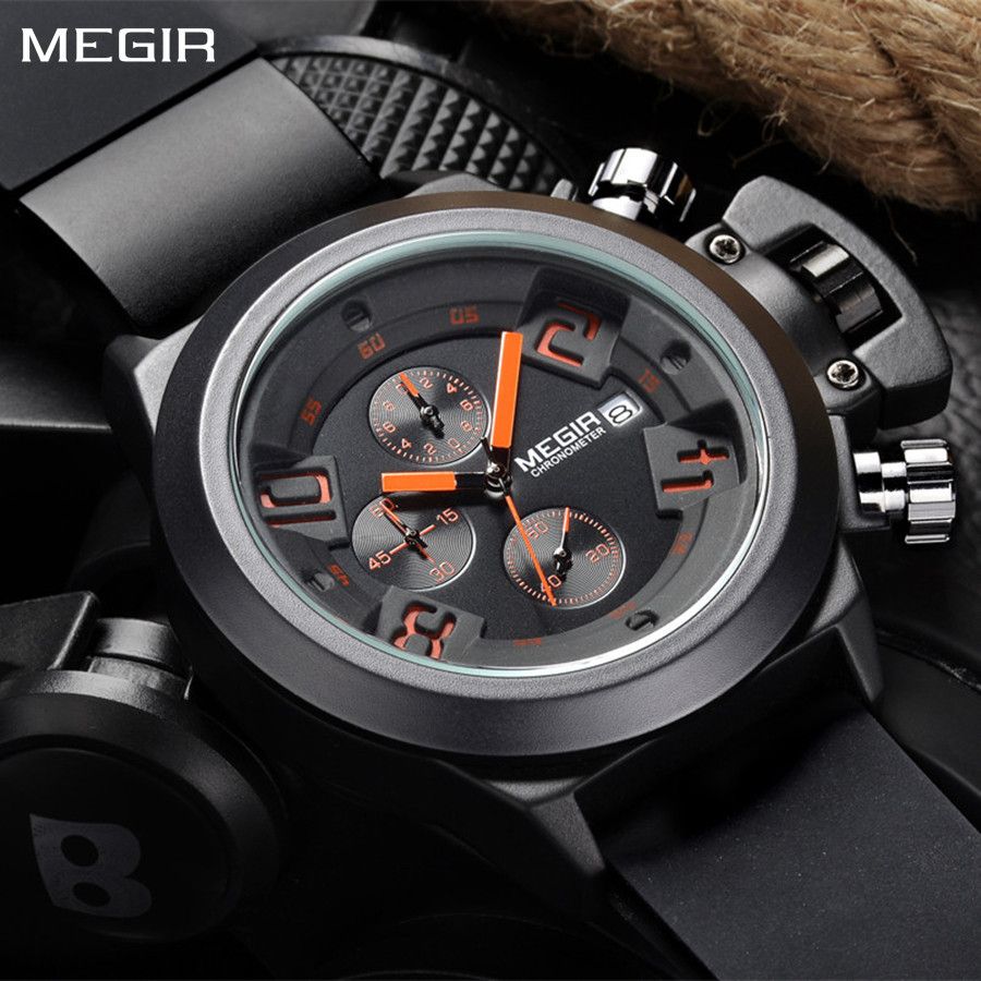 MEGIR 2002 men's chronograph watch, oversized black case with black dial, orange accents and black silicone strap