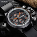 MEGIR 2002 men's chronograph watch, oversized black case with black dial, orange accents and black silicone strap