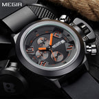 MEGIR 2002 men's chronograph watch, oversized black case with black dial, orange accents and black silicone strap