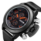 MEGIR 2002 men's chronograph watch, black case with black dial, orange accents and black silicone strap, three-quarter view