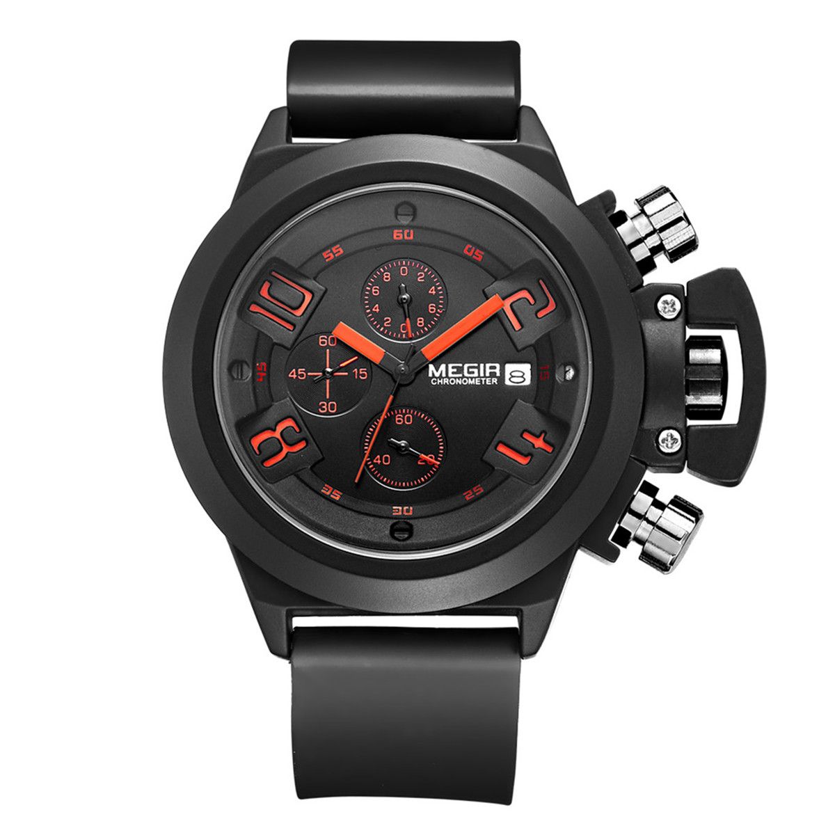 MEGIR 2002 men's chronograph watch, oversized black case with black dial, orange accents and black silicone strap, front view