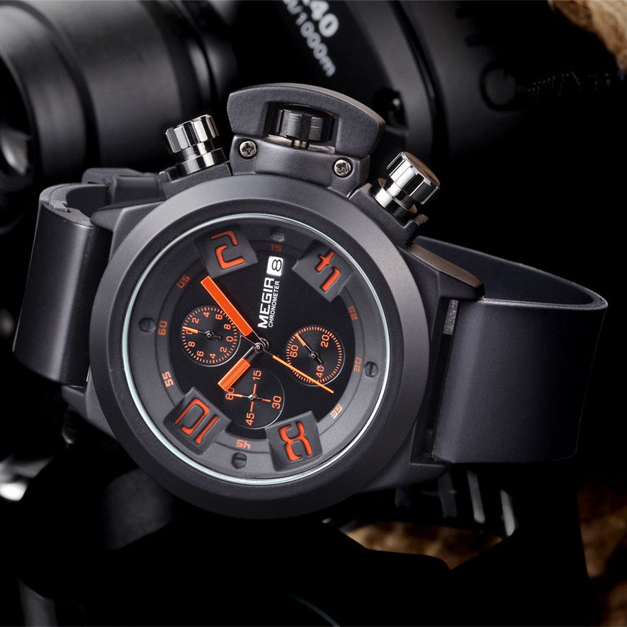 MEGIR 2002 men's chronograph watch, black case with black dial, orange accents and black silicone strap, angled view