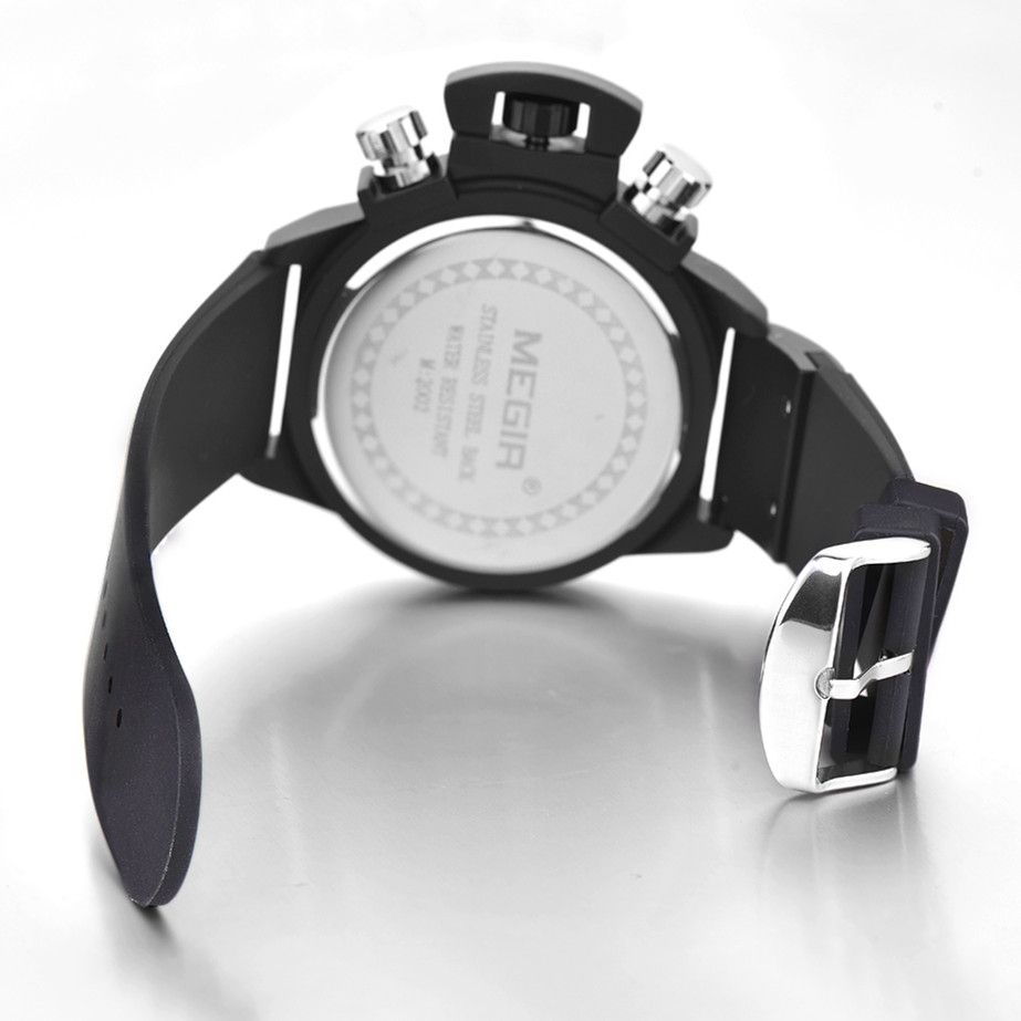 MEGIR 2002 men's chronograph watch caseback and black silicone strap with silver buckle