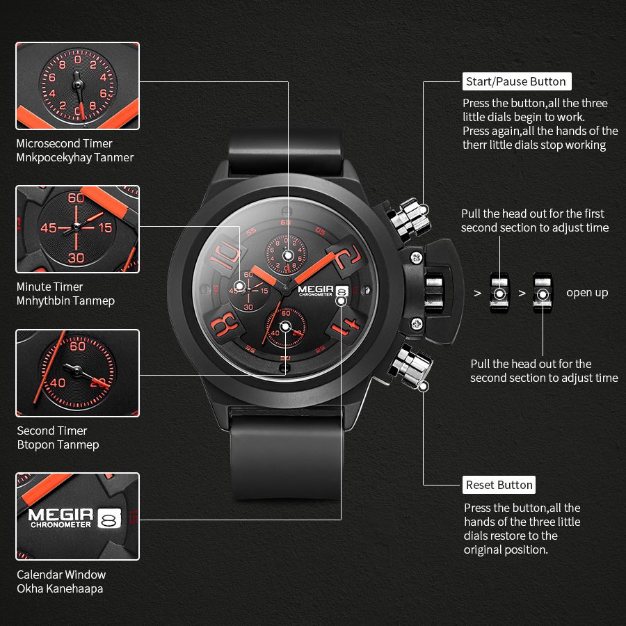 MEGIR 2002 men's chronograph watch operation graphic showing the sub-dials and left-side pusher buttons
