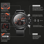 MEGIR 2002 men's chronograph watch operation graphic showing the sub-dials and left-side pusher buttons