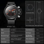 MEGIR 2002 men's chronograph watch parameters graphic with case diameter, thickness and band length