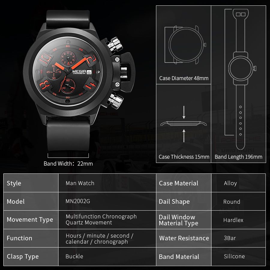 MEGIR 2002 men's chronograph watch parameters graphic with case diameter, thickness and band length