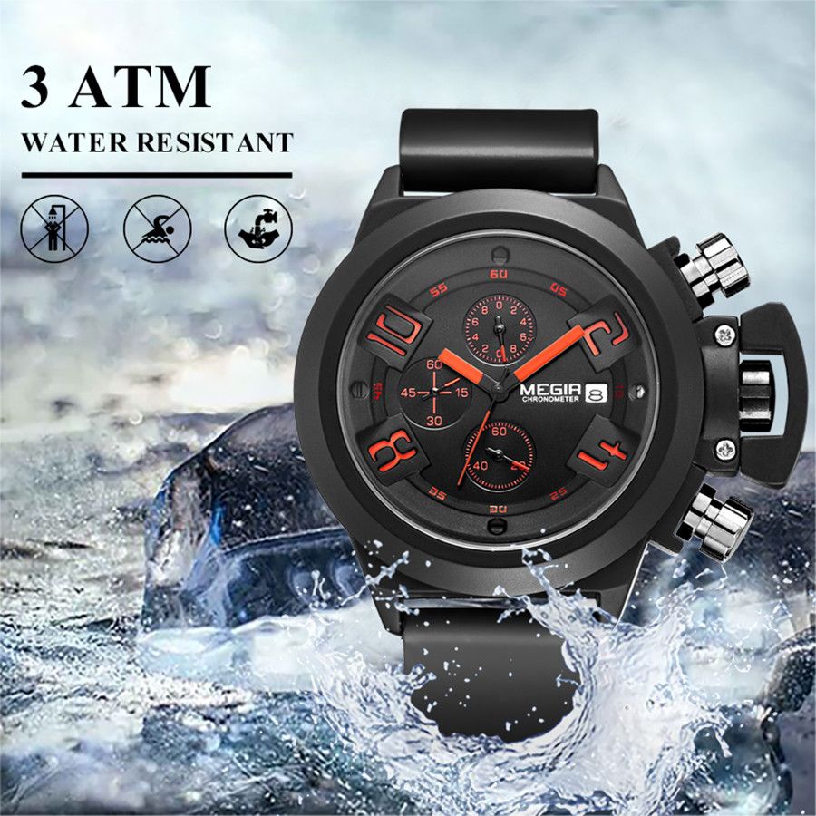 MEGIR 2002 men's chronograph watch water-resistance graphic noting no swimming or showering