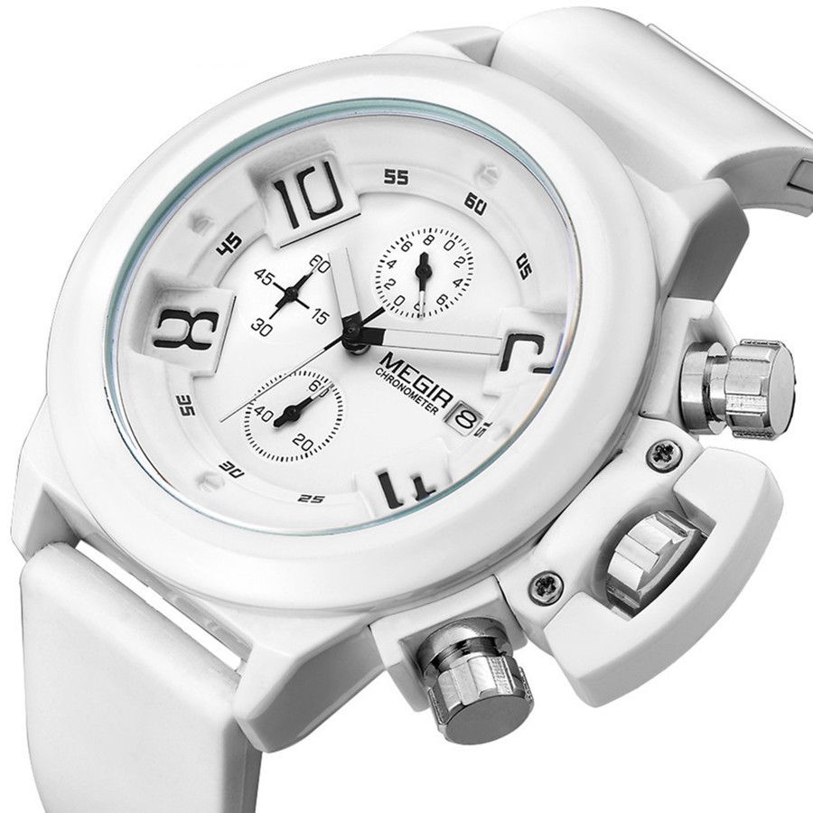 MEGIR 2002 men's chronograph watch, white case with white dial and white silicone strap, angled view