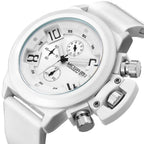 MEGIR 2002 men's chronograph watch, white case with white dial and white silicone strap, angled view
