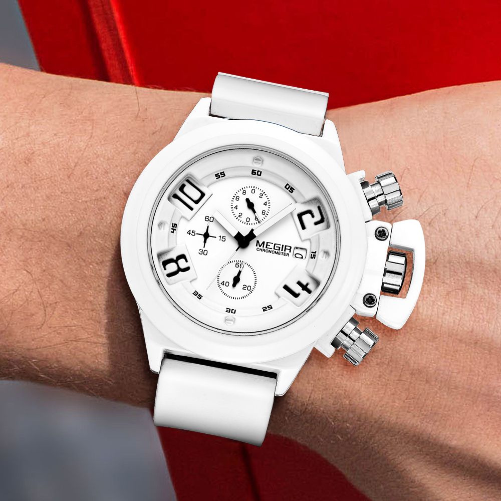MEGIR 2002 men's chronograph watch on the wrist, white case with white dial and white silicone strap