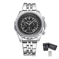 MEGIR 2006 men's chronograph watch, silver case with black dial, slide-rule bezel and steel bracelet, with gift box