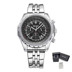 MEGIR 2006 men's chronograph watch, silver case with black dial, slide-rule bezel and steel bracelet, with gift box