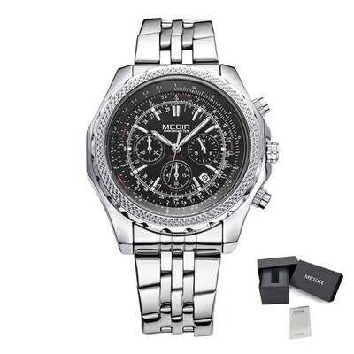 MEGIR 2006 men's chronograph watch, silver case with black dial, slide-rule bezel and steel bracelet, with gift box