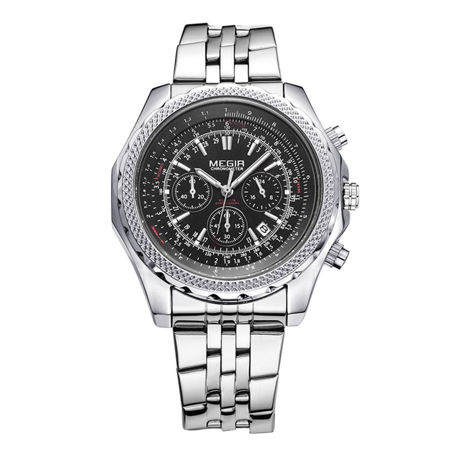 MEGIR 2006 men's chronograph watch, silver case with black dial, slide-rule bezel and steel bracelet, front view
