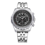 MEGIR 2006 men's chronograph watch, silver case with black dial, slide-rule bezel and steel bracelet, front view