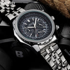 MEGIR 2006 men's chronograph watch, silver case with black dial, slide-rule bezel and steel bracelet, angled view
