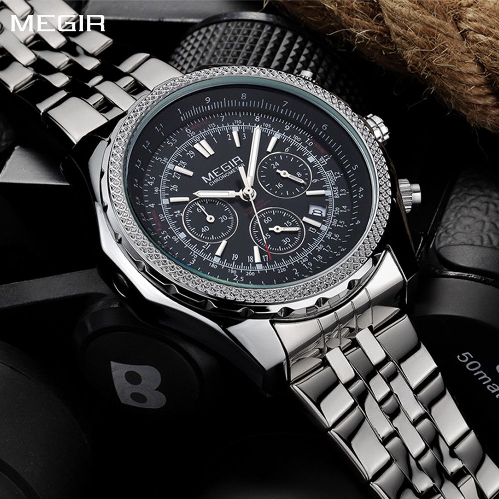 MEGIR 2006 men's chronograph watch, silver case with black dial, slide-rule bezel and steel bracelet, angled view