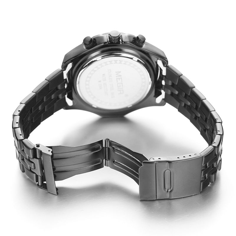MEGIR 2006 men's chronograph watch caseback and black steel bracelet with safety clasp