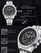 MEGIR 2006 men's chronograph watch operation graphic showing the sub-dials, calendar and pusher buttons