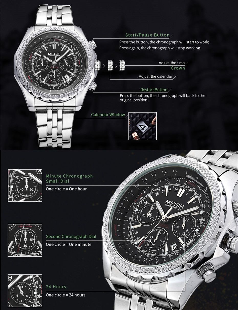 MEGIR 2006 men's chronograph watch operation graphic showing the sub-dials, calendar and pusher buttons
