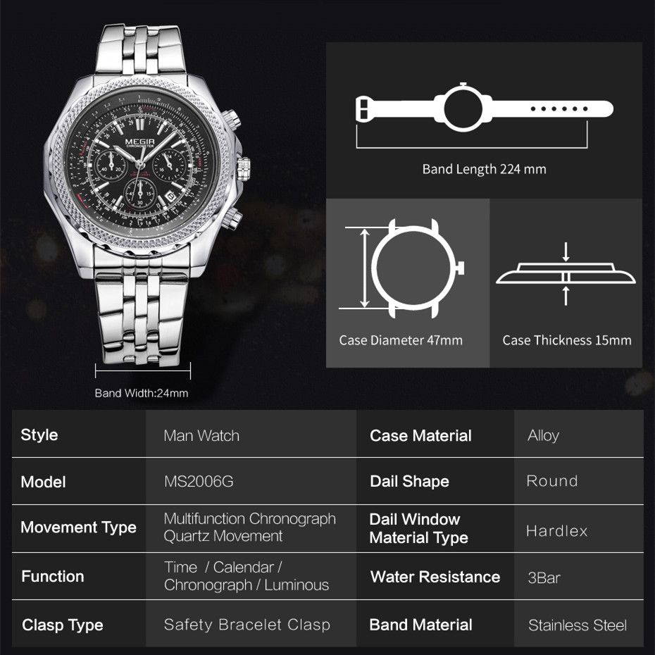 MEGIR 2006 men's chronograph watch parameters graphic with case diameter, thickness and band length