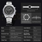 MEGIR 2006 men's chronograph watch parameters graphic with case diameter, thickness and band length