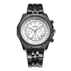 MEGIR 2006 men's chronograph watch, black case with white dial, slide-rule bezel and black steel bracelet, front view