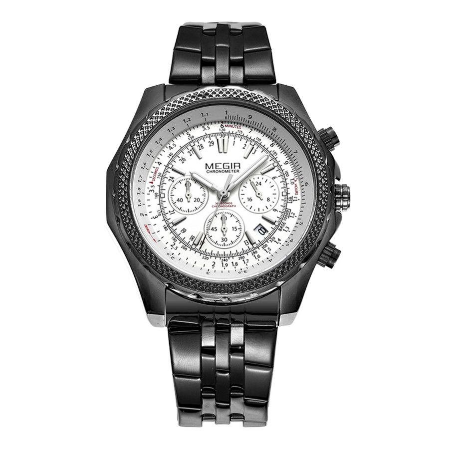MEGIR 2006 men's chronograph watch, black case with white dial, slide-rule bezel and black steel bracelet, front view