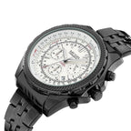 MEGIR 2006 men's chronograph watch, black case with white dial, slide-rule bezel and black steel bracelet, angled view