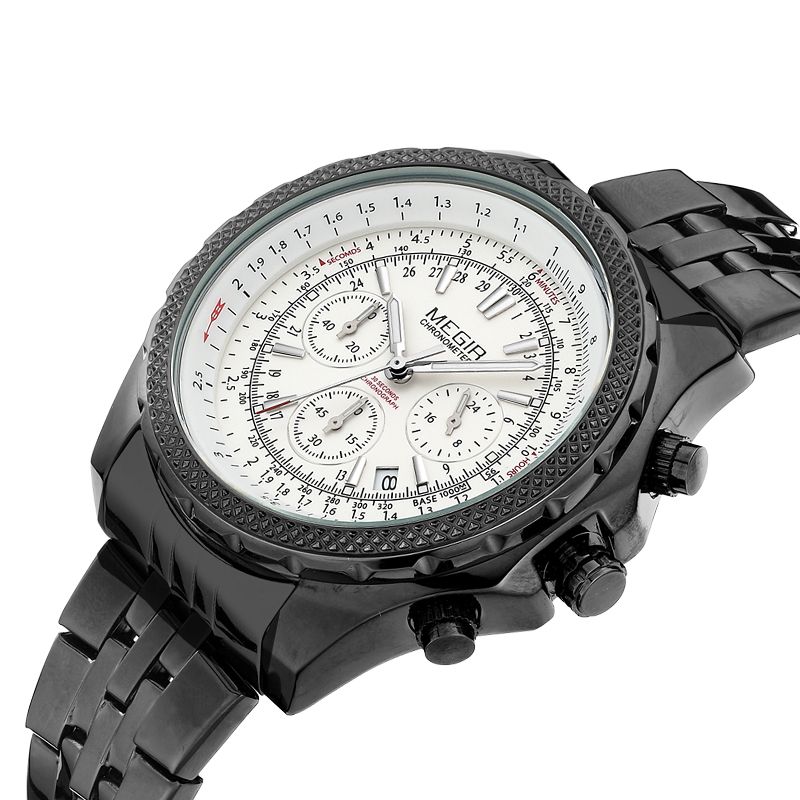 MEGIR 2006 men's chronograph watch, black case with white dial, slide-rule bezel and black steel bracelet, angled view