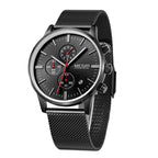 MEGIR 2011 men's chronograph watch, black case with black dial and black mesh bracelet, three-quarter view