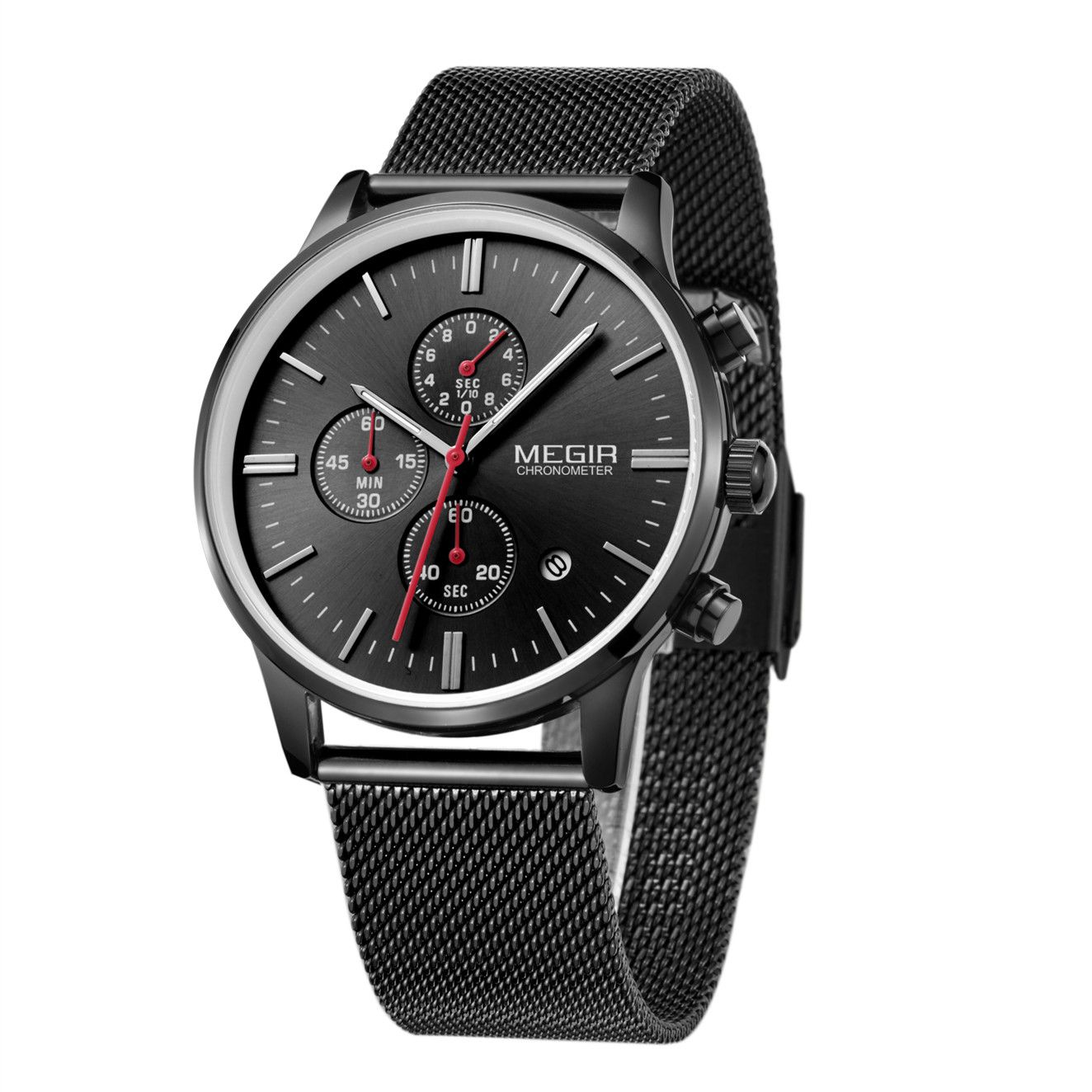 MEGIR 2011 men's chronograph watch, black case with black dial and black mesh bracelet, three-quarter view