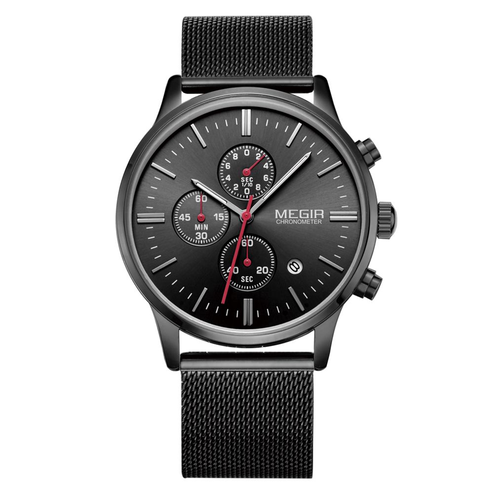 MEGIR 2011 men's chronograph watch, black case with black dial and black mesh bracelet, front view