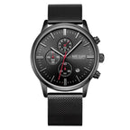MEGIR 2011 men's chronograph watch, black case with black dial and black mesh bracelet, front view