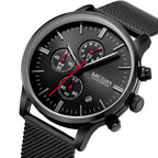 MEGIR 2011 men's chronograph watch, black case with black dial, red accents and black mesh bracelet, angled view