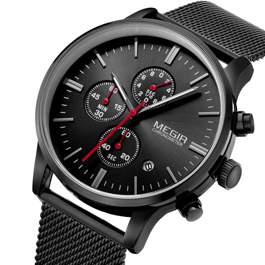 MEGIR 2011 men's chronograph watch, black case with black dial, red accents and black mesh bracelet, angled view