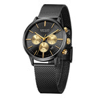 MEGIR 2011 women's chronograph watch, black case with black dial, gold sub-dials and black mesh bracelet, three-quarter view