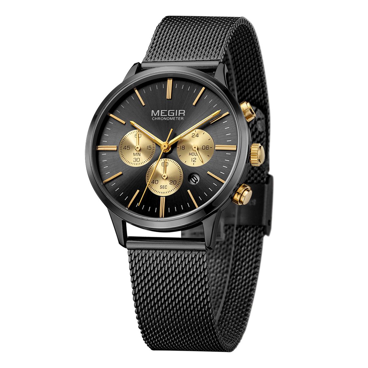 MEGIR 2011 women's chronograph watch, black case with black dial, gold sub-dials and black mesh bracelet, three-quarter view