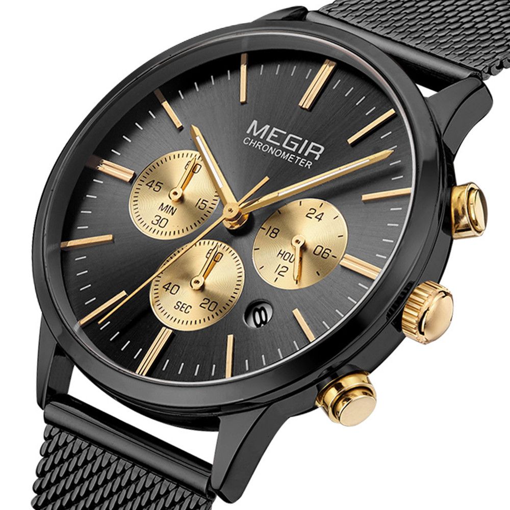 MEGIR 2011 women's chronograph watch, black case with black dial, gold sub-dials and black mesh bracelet, angled view