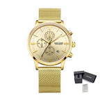 MEGIR 2011 men's chronograph watch, gold case with gold dial and mesh bracelet, with gift box