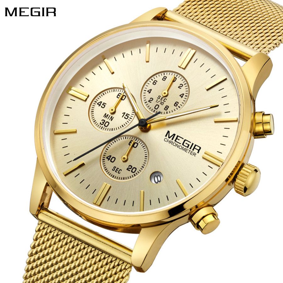MEGIR 2011 men's chronograph watch, gold case with gold dial and mesh bracelet, angled view