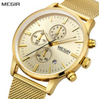 MEGIR 2011 men's chronograph watch, gold case with gold dial and mesh bracelet, angled view