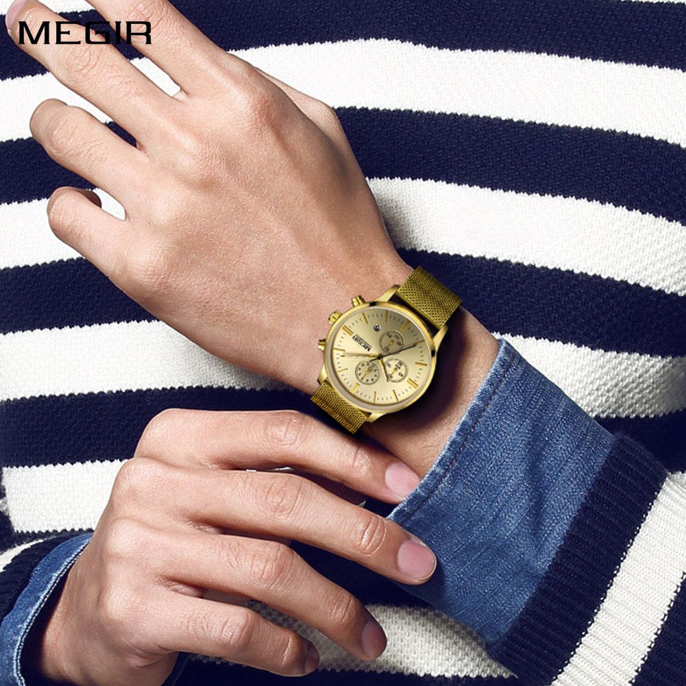 MEGIR 2011 men's chronograph watch on the wrist, gold case with gold dial and mesh bracelet