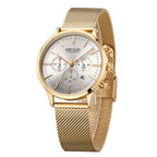 MEGIR 2011 women's chronograph watch, gold case with white dial and gold mesh bracelet, three-quarter view