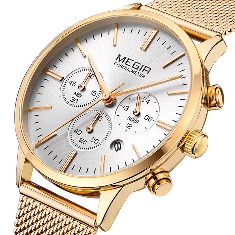 MEGIR 2011 women's chronograph watch, gold case with white dial and gold mesh bracelet, angled view