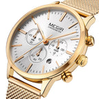 MEGIR 2011 women's chronograph watch, gold case with white dial and gold mesh bracelet, angled view